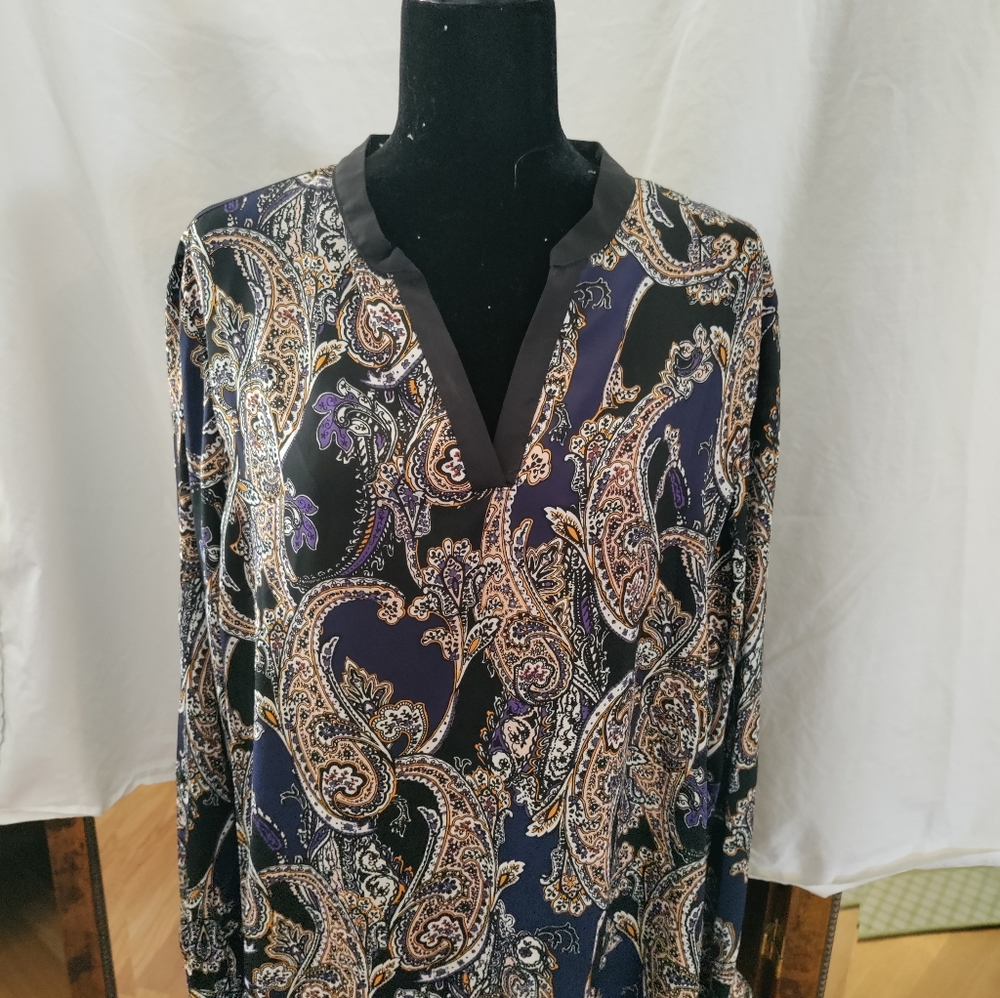 NY Collection Macy's Black Paisley Long Sleeve Blouse